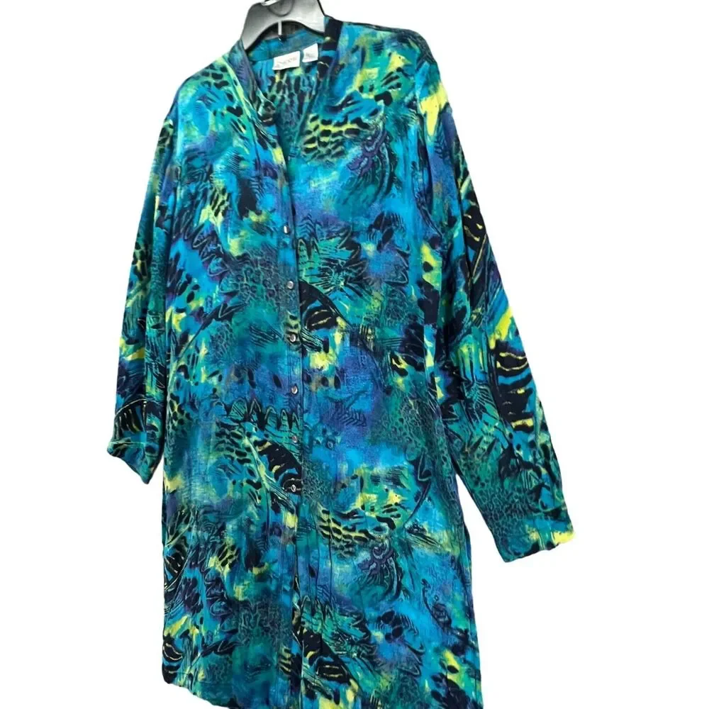 Chico's long jacket sz 2 sz 12 floral print green blue black sheer EUC - Picture 2 of 14